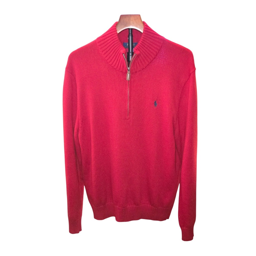 Polo Ralph Lauren Quarter Zip Sweater Mens Lg Red Cotton Knit Mock Neck Pullover